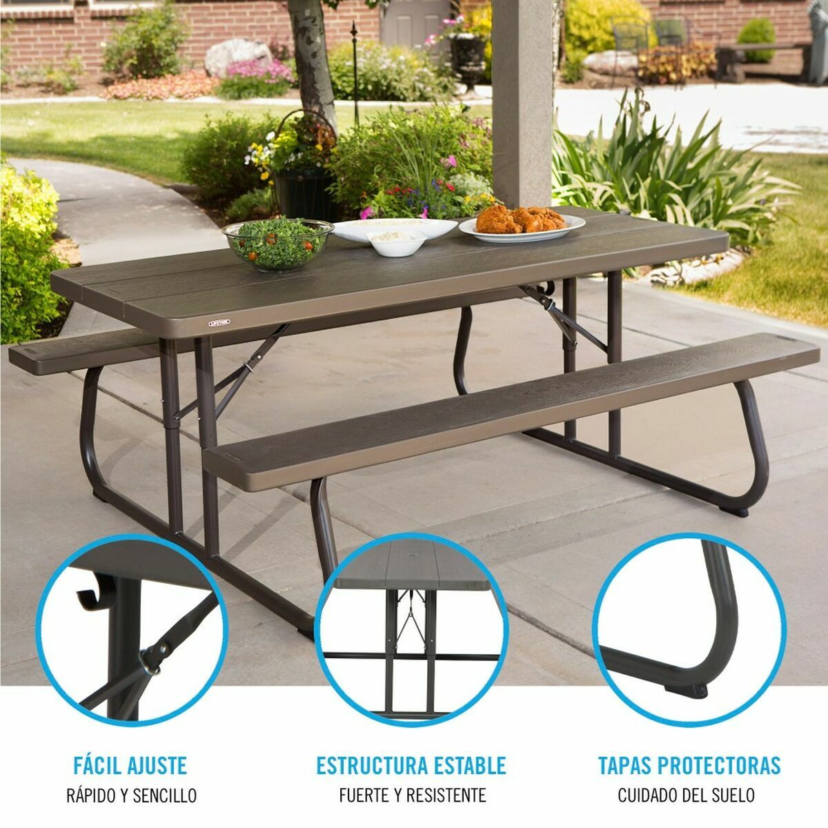 Table de pique-nique Lifetime Bois Marron Pliable Acier Plastique 183 x 145 x 74 cm