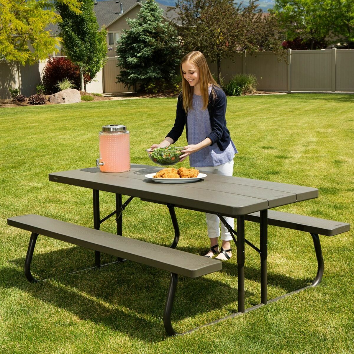 Table de pique-nique Lifetime Bois Marron Pliable Acier Plastique 183 x 145 x 74 cm