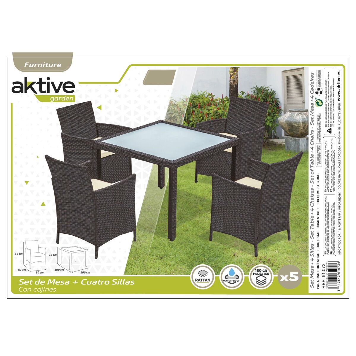 Ensemble Table + 4 Chaises Aktive 100 x 100 x 75 cm