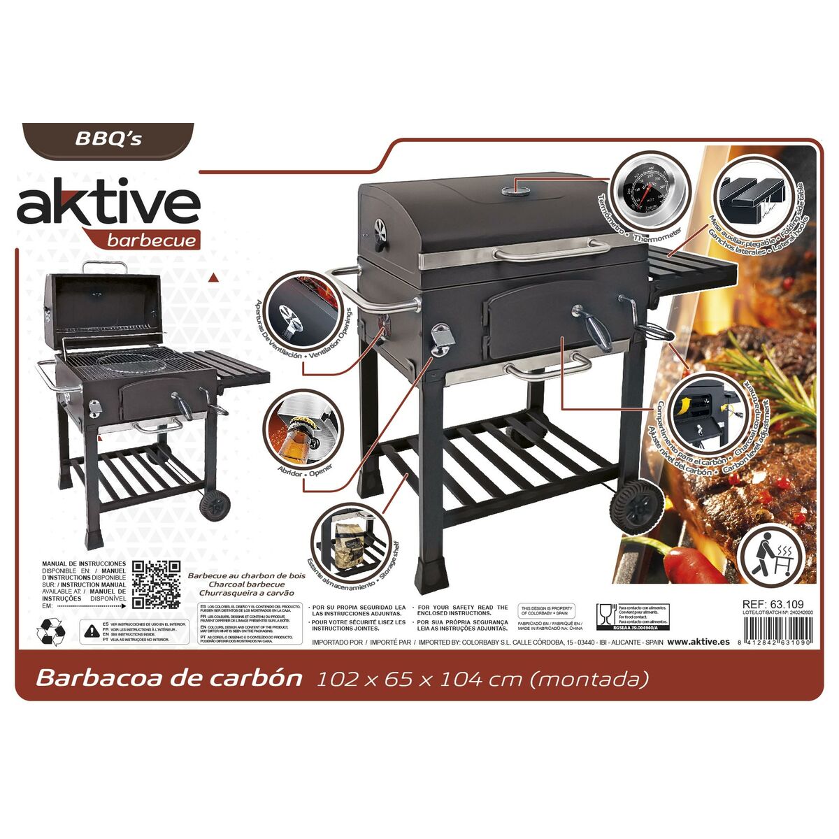 Barbecue à Charbon avec Couvercle et Roulettes Aktive 102 x 65 x 104 cm